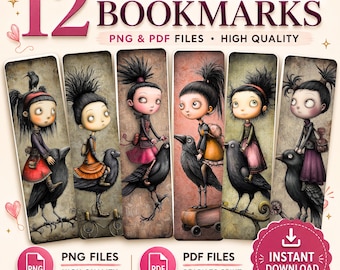 Gothic Girl Crow Bookmarks – Dark Fantasy Printable Set (PDF & PNG)