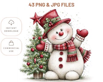 Christmas Clipart Set – Cozy Snowman Watercolor Illustrations (PNG, JPG)