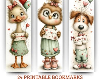 May include: Set of three printable bookmarks featuring cartoon animals: a duck, an owl, and a dog. Each character holds a sign with a love-themed message and is adorned with hearts and bows. The bookmarks are 2x6 inches in size.