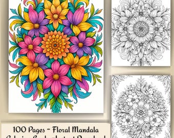 Floral Mandala Coloring Book – 100 Printable Pages, Stress Relief (PDF)