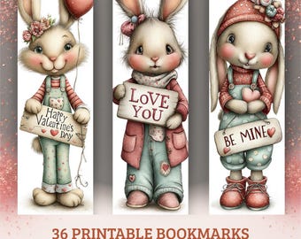 Valentine Bunny Printable Bookmarks – 36 Rabbit Watercolor Designs | Instant Download PDF & PNG