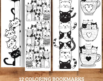 Printable Cat Coloring Bookmarks: DIY Gift for Book Lovers (PDF Download 2x6in