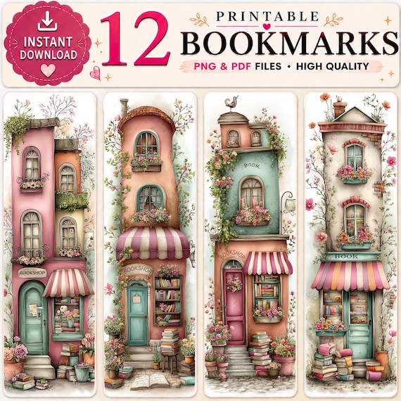 Whimsical Bookshop Printable Bookmarks – 12 Charming Bookstore Designs | Instant Download PDF & PNG