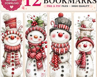Peut inclure: Un ensemble de 12 marque-pages imprimables présentant quatre illustrations de bonhommes de neige. Chaque bonhomme de neige porte un bonnet et une écharpe à motifs rouges et blancs, ornés de houx, de baies ou de boutons sur fond blanc.