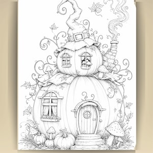 May include: A black and white line art illustration of a two-story pumpkin house. The structure features a tall, pointed hat roof, a brick chimney with smoke, arched windows, a round door, and surrounding mushrooms, vines, and falling leaves.