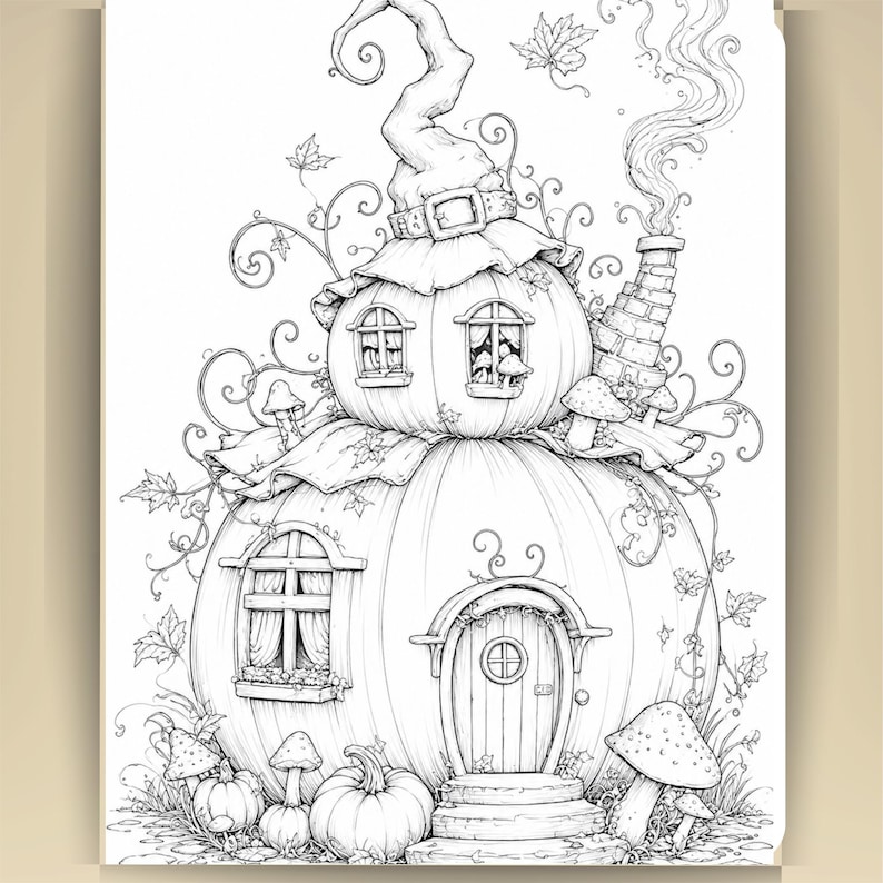 May include: A black and white line art illustration of a two-story pumpkin house. The structure features a tall, pointed hat roof, a brick chimney with smoke, arched windows, a round door, and surrounding mushrooms, vines, and falling leaves.