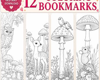 Puede incluir: Un conjunto de 12 marcapáginas para colorear imprimibles con ilustraciones de líneas en blanco y negro de escenas forestales, que incluyen un búho en un árbol, un ciervo joven entre setas, pájaros sobre una seta grande y un ratón.