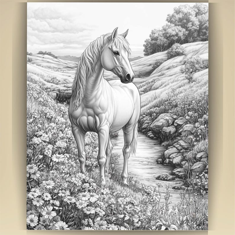 Horse Coloring Book for Adults: Countryside Scenes PDF (73 Pages) (Digital Download image 9