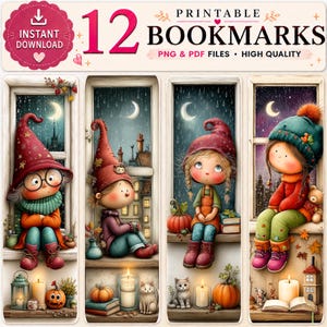 Könnte beinhalten: Ein Set aus 12 druckbaren Lesezeichen mit Illustrationen von Figuren mit Mützen auf Fensterbänken. Die Motive zeigen Kürbisse, Kerzen, Katzen und Bücher vor regnerischen Nachtkulissen. Text lautet 12 PRINTABLE BOOKMARKS.