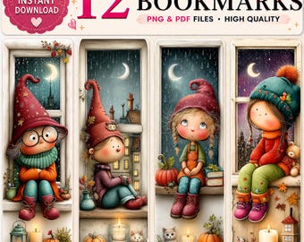 Puede incluir: Un set de 12 marcapáginas imprimibles con ilustraciones de personajes con gorros sentados en alféizares. Los diseños incluyen calabazas, velas, gatos y libros con fondos de lluvia nocturna. Texto 12 PRINTABLE BOOKMARKS.