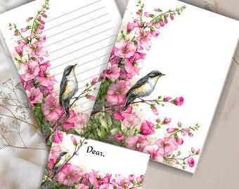 Conjunto de papelaria com estampa floral rosa e pássaros | Kit para escrever cartas em aquarela (PDF, PNG)