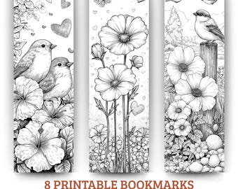 Op de afbeelding: Set van acht afdrukbare bladwijzers met gedetailleerde zwart-wit illustraties. Ontwerpen omvatten vogels, bloemen, vlinders en harten. Elke bladwijzer meet 5,08 cm x 15,24 cm.