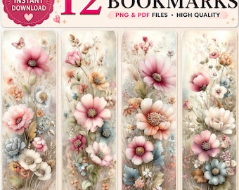 Printable Floral Bookmarks - Watercolor Autumn Flower Book Mark - 12 Bookmark Set - PNG & PDF