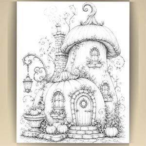 May include: A black and white line art illustration of a whimsical house shaped like a large pumpkin with a mushroom-style roof, a brick chimney with smoke, a hanging lantern, arched windows, a wooden door with a wreath, and pumpkins on the ground.