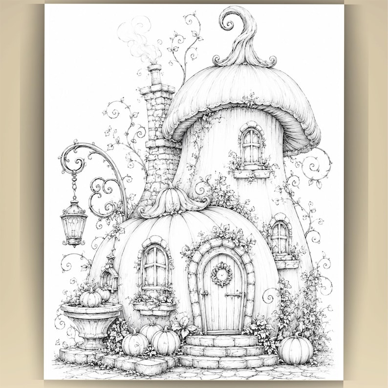 May include: A black and white line art illustration of a whimsical house shaped like a large pumpkin with a mushroom-style roof, a brick chimney with smoke, a hanging lantern, arched windows, a wooden door with a wreath, and pumpkins on the ground.