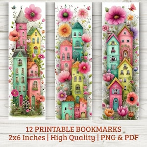 Può includere: Tre segnalibri stampabili colorati con case stravaganti con facciate rosa, gialle e verdi, adornate da grandi fiori rosa e verde. I segnalibri misurano 5,08 cm x 15,24 cm e sono file PNG e PDF di alta qualità.