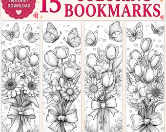 Puede incluir: Un conjunto digital de 15 marcapáginas para colorear con ilustraciones de líneas en blanco y negro de ramos de flores en jarrones atados con lazos, decorados con mariposas y corazones pequeños, con el texto 15 COLORING BOOKMARKS arriba.