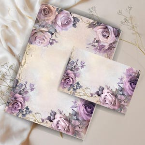 Juego de cartas imprimible con diseño de rosas lavanda, elegante papelería vintage, hojas de notas con o sin raya, suministros para amigos por correspondencia.