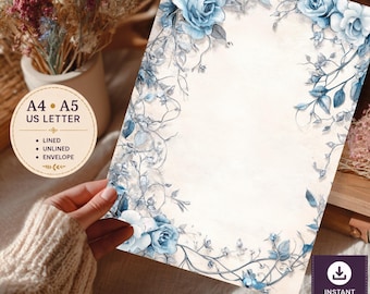 Blue Floral Stationery Set: Floral Letter Writing Paper (Printable PDF + PNG)