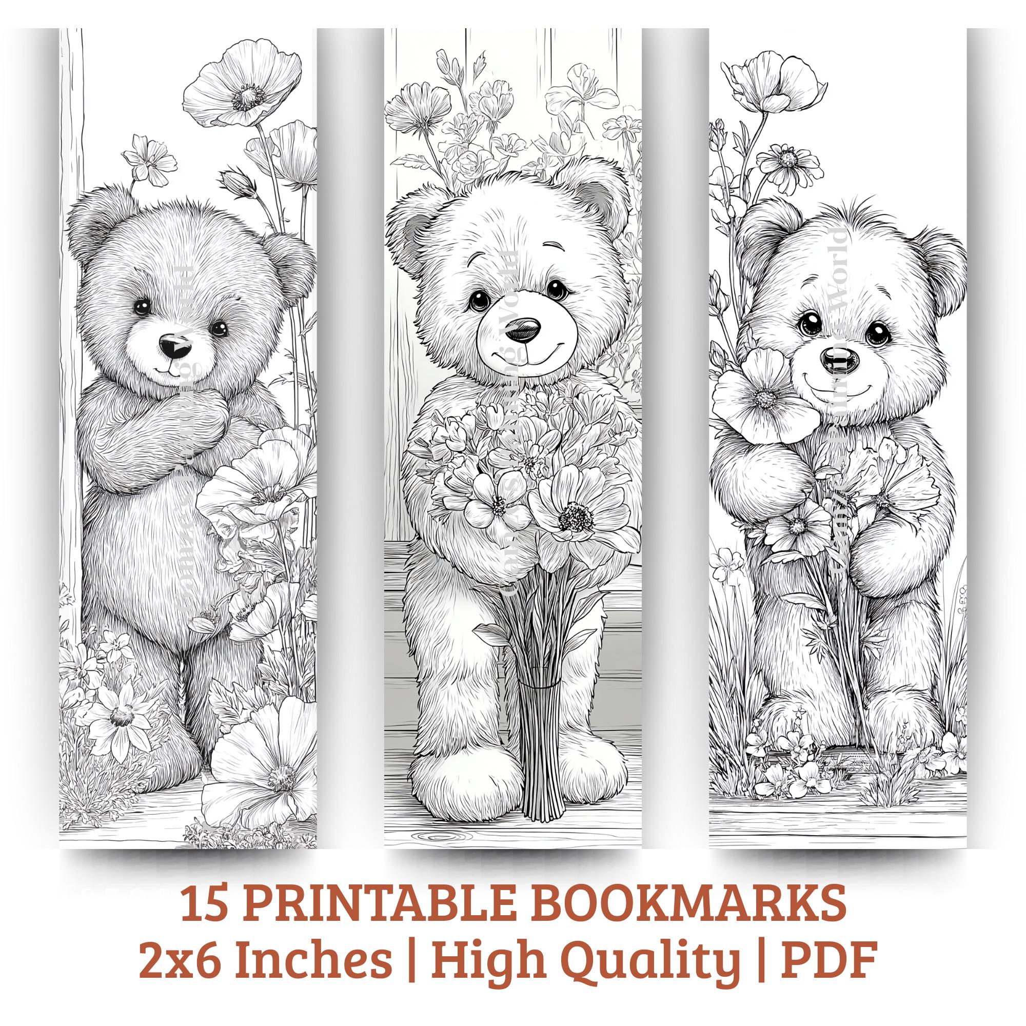 Teddy Bear Coloring Bookmarks | Floral Kids Craft (PDF Printable Set of ...