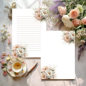 Set da scrittura con peonie vintage, carta da lettere a righe o bianca, carta da lettere vintage, carta da lettere a righe, carta da lettere stampabile con motivi floreali
