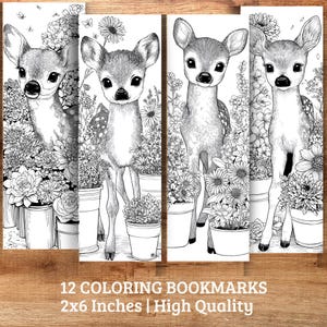May include: A set of 12 colouring bookmarks, each with a detailed illustration of a deer and flowers. The bookmarks are 5 x 15 cm. The black and white designs are suitable for colouring. The text at the bottom reads "12 COLORING BOOKMARKS 2x6 Inches | High Quality."