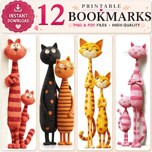May include: A set of 12 printable bookmarks featuring illustrations of tall, slender cats in various colors including red, black, orange, yellow, and pink. The cats are depicted in pairs or groups with striped or spotted patterns. The text reads 12 PRINTABLE BOOKMARKS.