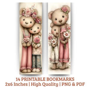 May include: Two printable bookmarks featuring watercolor illustrations of teddy bears. The bears are dressed in pink overalls and floral dresses, holding bouquets of flowers. The bookmarks are 2x6 inches in size and are high quality PNG and PDF files.