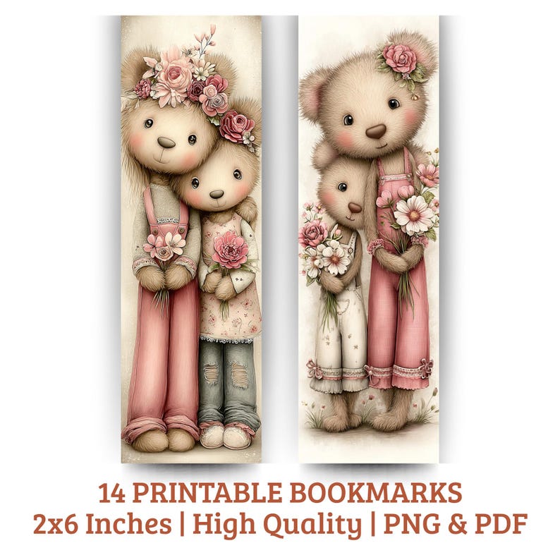 May include: Two printable bookmarks featuring watercolor illustrations of teddy bears. The bears are dressed in pink overalls and floral dresses, holding bouquets of flowers. The bookmarks are 2x6 inches in size and are high quality PNG and PDF files.