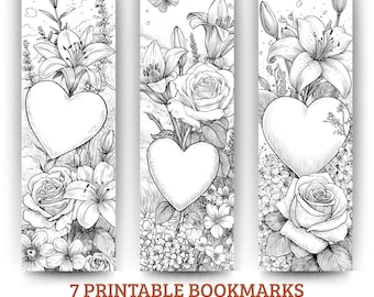 Floral Heart Coloring Bookmarks, Romantic Flowers (PDF Download)
