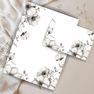 Juego de cartas imprimible con diseño floral de peonías, papelería vintage en blanco y negro con papel A4 rayado y sin rayar, kit para escribir cartas, kit para amigos por correspondencia.
