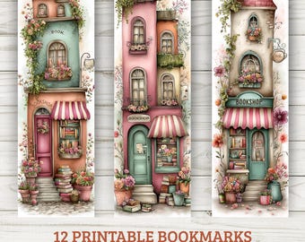 Segnalibri stampabili Whimsical Bookshop – 12 affascinanti design di librerie / Download immediato in PDF e PNG