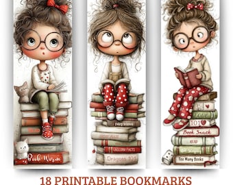 Whimsical Bookish Girl Printable Bookmarks, Reading Lover Gift Set (PDF PNG)