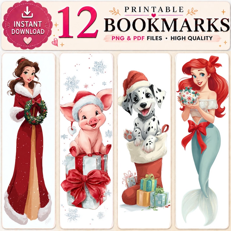 Peut inclure: Un ensemble de 12 marque-pages imprimables avec des illustrations de No&euml;l, dont une femme en robe rouge avec une couronne, un porcelet en bonnet de P&egrave;re No&euml;l sur un cadeau, un dalmatien dans une chaussette et une sir&egrave;ne tenant un cadeau.