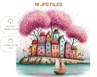 Whimsical Watercolor Coastal Village Clipart – Fantasy Island Houses (Digital Download)