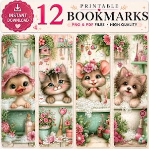 12 Printable Spa Animal Bookmarks – Bubble Bath Kawaii Art (PNG & PDF)