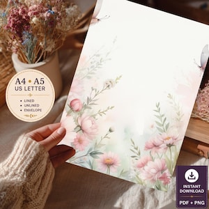 Pode incluir: Uma folha de papel de carta com uma borda floral em aquarela com flores rosa suave, folhagem verde e borboletas. O texto inclui A4, A5, US LETTER, LINED, UNLINED, ENVELOPE e INSTANT DOWNLOAD PDF + PNG.