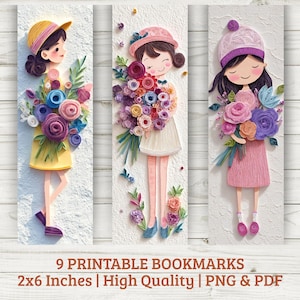 May include: Set of 9 printable bookmarks featuring paper art illustrations of girls holding bouquets of flowers. Each bookmark is 5.08 cm x 15.24 cm. The girls wear dresses and hats in yellow, pink, and white. The flowers are in shades of purple, pink, and blue.