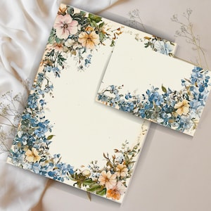 Juego de cartas con acuarela floral: kit de papelería imprimible con sobre, papel botánico y hojas rayadas o sin rayar.