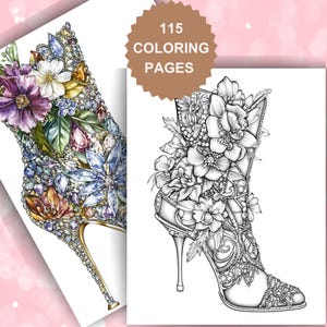 115 大人向けの花柄ハイヒールシューズの塗り絵 ファッションシューズの塗り絵 花柄シューズの塗り絵 ハイヒールシューズの塗り絵