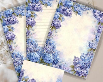 Romantic Hydrangea Stationery Set – A4 Watercolor Floral Writing Paper & Envelope – Printable Vintage Letter Set
