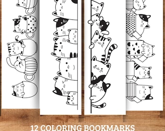 Segnalibri da colorare a forma di gatto: disegni stampabili in bianco e nero (set da scaricare in PDF, 2 x 6 pollici)