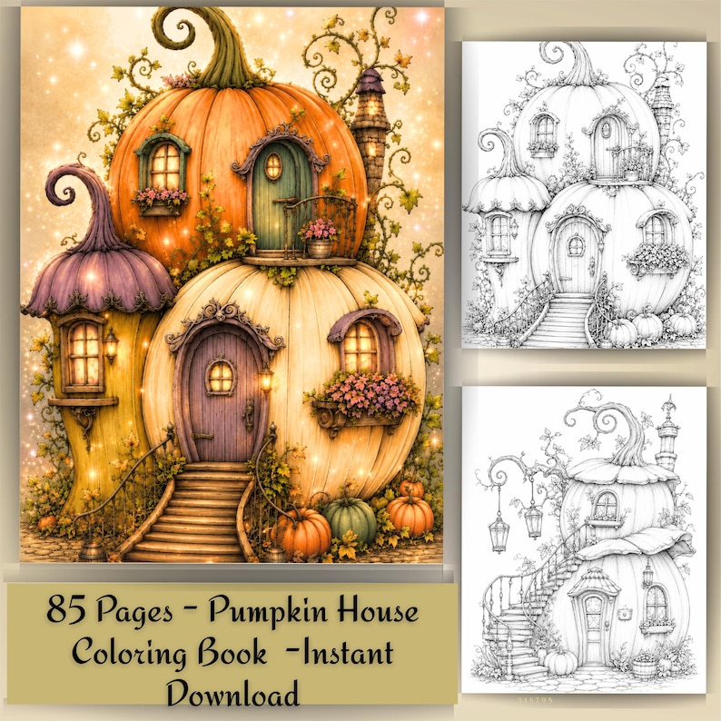 May include: A digital coloring book featuring 85 pages of pumpkin house illustrations. The cover displays a vibrant, multi-level pumpkin dwelling with orange, yellow, and purple tones, alongside two black and white line art versions of the design.