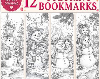 May include: A set of 12 printable coloring bookmarks featuring black and white line art illustrations of snowmen and children in winter settings. The top header displays the text 12 COLORING BOOKMARKS with an instant download icon.