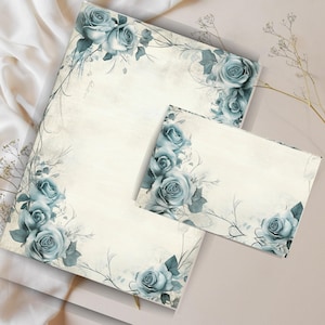 Papelería imprimible con rosas azules vintage, elegante papel de escritura A4, kit de cartas imprimible, papel de escritura imprimible, juego de cartas imprimible