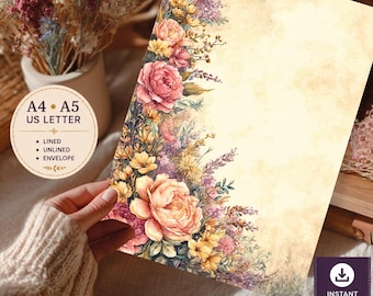 Elegant Vintage Floral Peony Garden Letter Writing Set - Printable Stationery Kit with Envelopes
