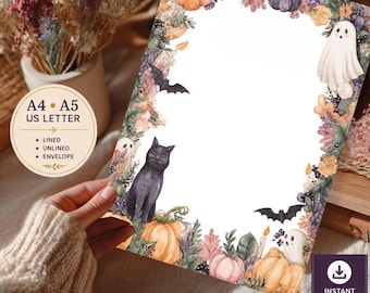 Zestaw do pisania listów na Halloween | Akwarelowa dynia, papeteria z duchami (PDF i PNG)