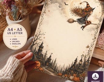 Peut inclure: Une feuille de papeterie avec une illustration d'Halloween montrant une sorcière sur un balai devant une pleine lune, une forêt sombre et des citrouilles. Le texte A4, A5, US LETTER, LINED, UNLINED, ENVELOPE et WITCHES WELCOME est visible.