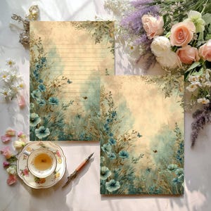 Papel de carta floral vintage: set de papelería imprimible A4 con amapolas, boca de dragón, bordes de encaje y un suave fondo de acuarela.