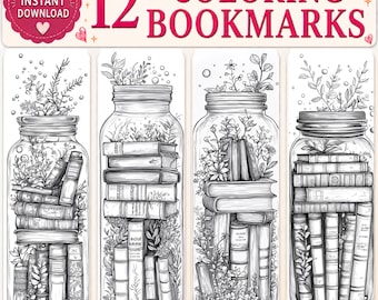 Puede incluir: Un conjunto de 12 marcapáginas para colorear imprimibles con ilustraciones de líneas en blanco y negro de frascos de vidrio llenos de pilas de libros y elementos botánicos. El texto superior dice 12 COLORING BOOKMARKS.
